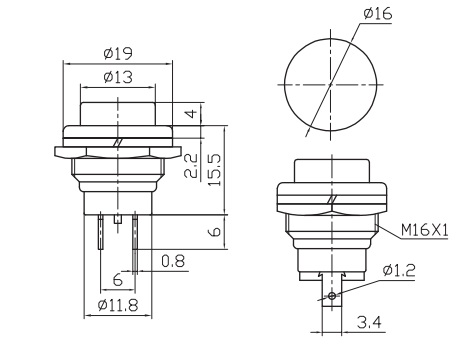 Кнопка круглая, d=16мм, 2 конт., зеленая, без фикс., НР (PBS-26B)  250В/1А