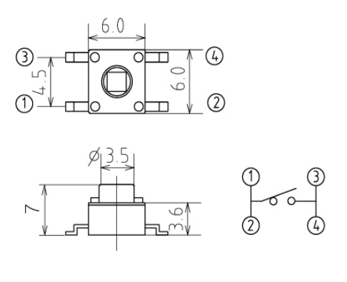 Кнопка тактовая SMD, 6х6х7, высота штока 3,5мм (IT-1102WB)