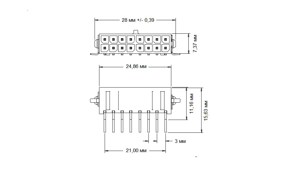 Micro-Fit 16 конт. (п) на плату, шаг 3,0мм, SMD (MF3.0 2x08M) (1-794627-6)