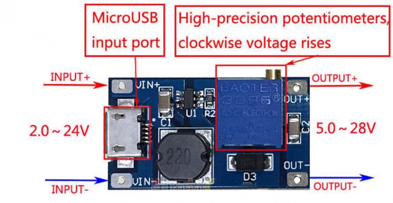 DC/DC Модуль рег. U вх 2.0~24 вых 5-28V, 2A, повышающий