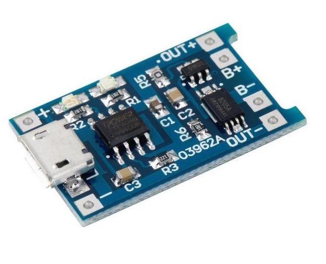 KIT-Плата зарядки Li-ion аккумуляторов 1A (TP4056) с защитой 18650 / MicroUsb