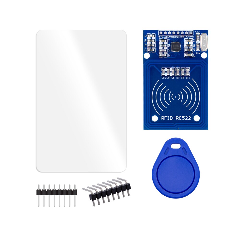 RFID-RC522 / комплект считыватель, гребенка для простого макетирования и даже монтажа на «материнскую» плату и два идентификатора: карточку MIFARE 1K и брелок. Интерфейс: SPI, U-3.3V, Рабочая частота: 13.56 МГц KIT-Модуль- сенсор IC для считывания карт и брелоков для Arduino