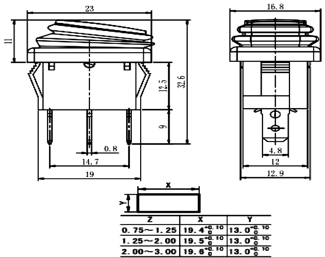 Переключатель 3 конт., 19х13, зеленый, влагозащ. (SB008) IP65 on-off-on, 250В/6(3)А