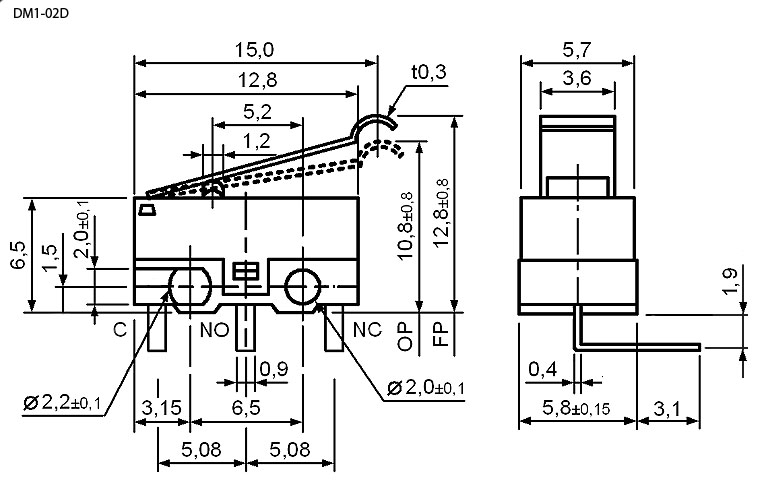 Микропереключатель DM1-02D-30G-G (125В, 1А)