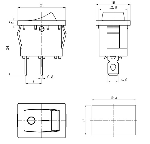 Переключатель 2 конт., 19х13, черный/белый (KCD1-101-C3-W/2P) 220В,6А