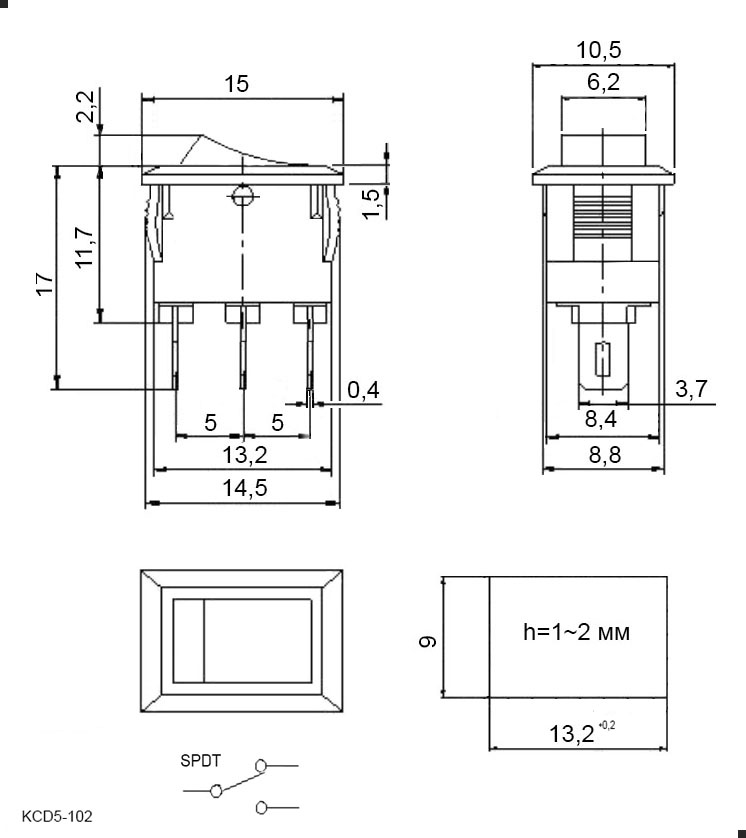 Переключатель 3 конт., 13x 9 черный on-on (KCD5-101-C3-B/3P) 250В/1A