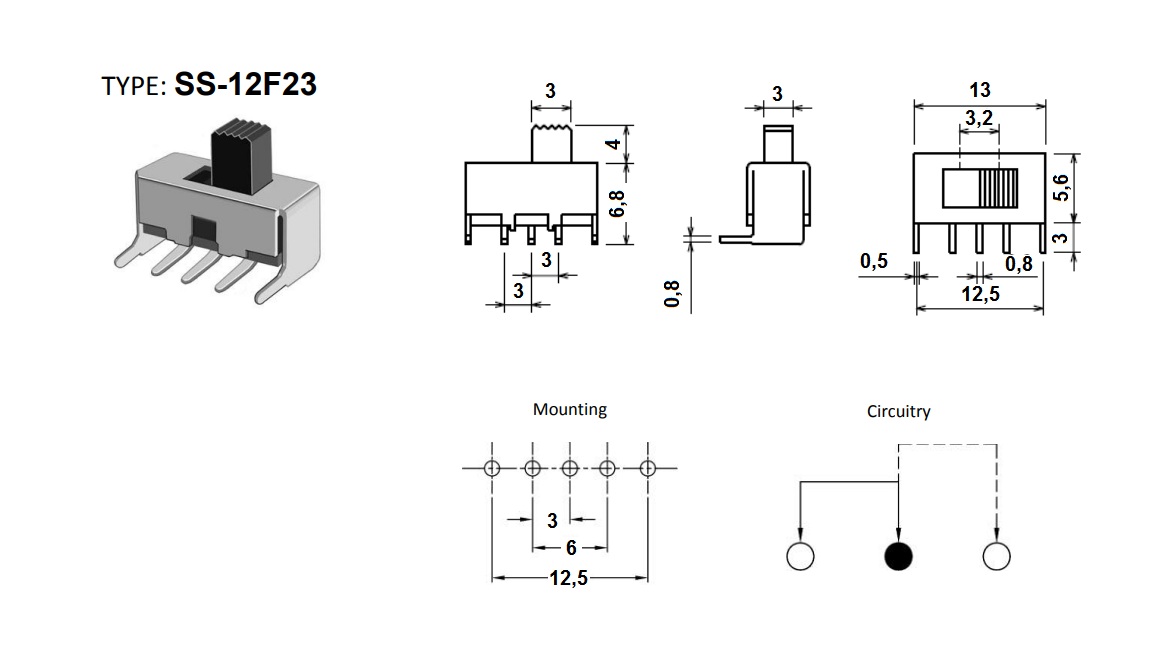 Переключатель мини 3 конт., прям.угол SS12F23EG5-G, 50В 0,3А