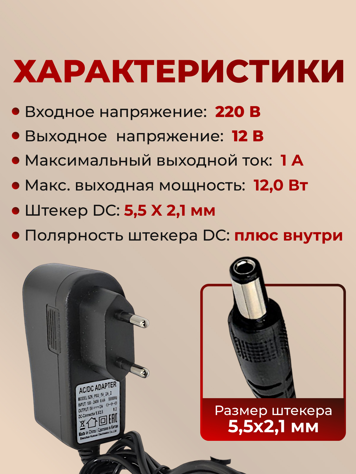 AC/DC Адаптер 12W 220->12V/1A (SA12BV-120100V)