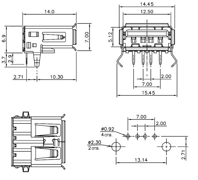 Разъем USB (м) на плату, тип А, угловой (USBA-1J)