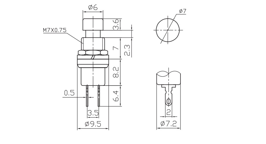 Кнопка круглая, d= 7мм, 2 конт., черная, без фикс., HP (PSW-5-B) 220В/0,3А