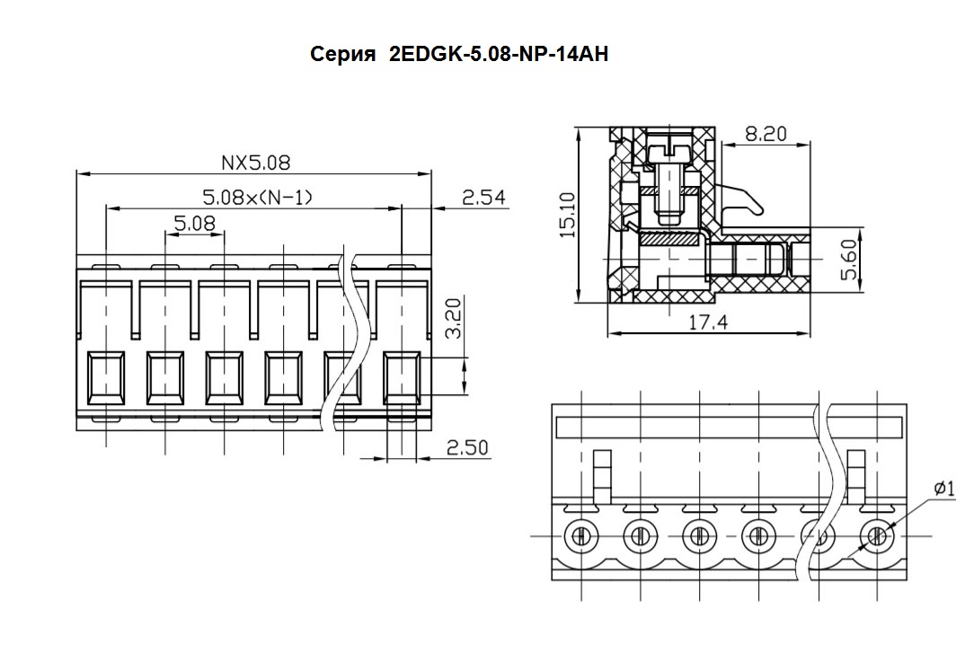 Клеммник  3 поз, шаг  5.08 мм, на кабель (2EDGK-5.08-03P-1400S)  GAOSONG