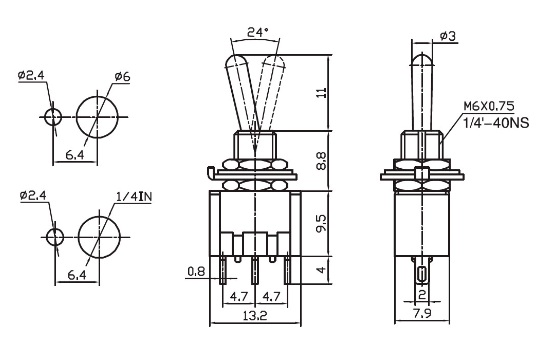 Тумблер  3 конт. MTS-102, on-on, (250В,3А)