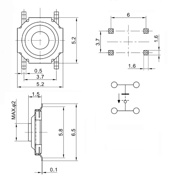 Кнопка тактовая SMD, 5,1х5,1х1,65, высота штока 0,5мм  (KAN0541-0163B)