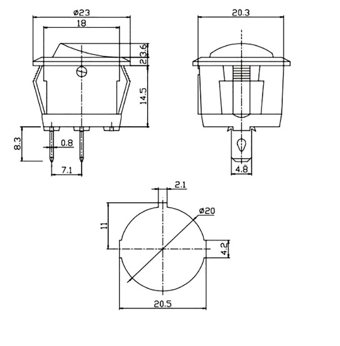 Переключатель круглый, 2 конт., черный (RS-101-9C) , 250В/6А