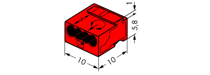 красная, 100V, 6А Клемма для распред. коробок micro 4 проводника, сечение 0,6-0,8 мм2 (243-804)